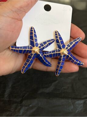 Awesome Blue Enamel & Gold Large Starfish Earrings NWOT